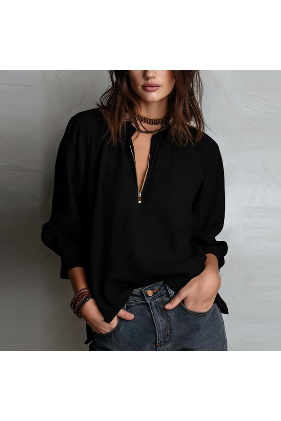 Womens Black Long Sleeve Top, Zip Front Relaxed Fit Stretch Casual Shirt for Everyday,Size M
