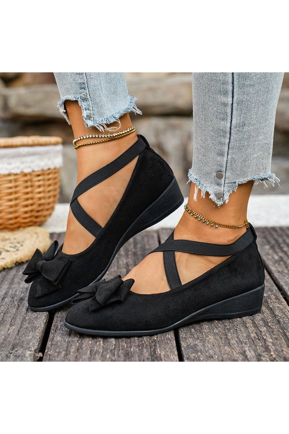 Womens Black Mary Jane Shoes Low Wedge Slip-On Flats with Crisscross Bow Strap Comfort Casual Walking Shoes,Size 7.5