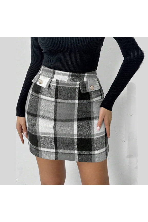 Womens Black Plaid Mini Skirt, Wool Blend High Waisted Bodycon Skirt for Women, Fall Winter Skirt,Size 2XL
