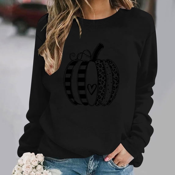 ZunFeo Womens Black Pumpkin Graphic Fall Sweatshirt Crew Neck Long Sleeve Pullover for Hall-oween Thanksgiving,Size S