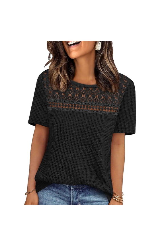 Womens Black Short Sleeve Casual Shirt - Knit Top with Waffle Texture & Crochet Detail, Loose Fit for Everyday, S-XXL,Size XL