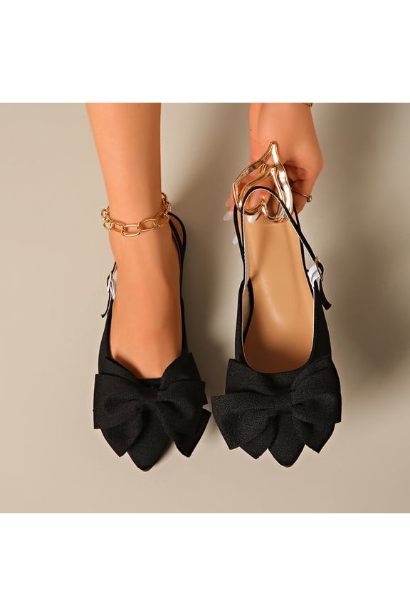 Womens Black Slingback Flats with Bow, Pointed Toe, Adjustable Buckle Strap, Breathable Cloth, Sizes 5.5-9.5,Size 6