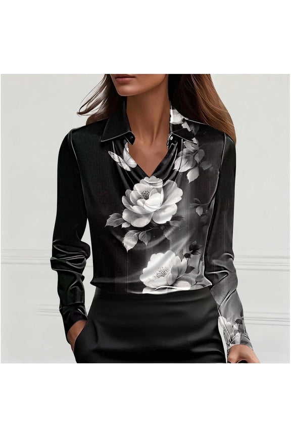 Womens Black White Floral Print Blouse Long Sleeve V-Neck Collared Shirt Tailored Fit Work Office Casual Plus Size,Size S