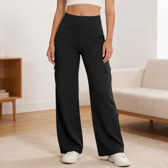 ZunFeo Womens Black Wide Leg Cargo Pants - High Waisted Stretch Cotton Blend Casual Trousers S-XXL,Size S