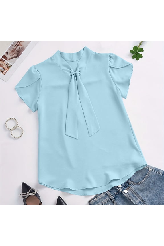Womens Blue Short Sleeve Blouse with Tie Front & Puff Sleeves, Stand Collar Relaxed Fit Top for Women, Lightweight Casual Shirt for Work Weekend,Size 2XL