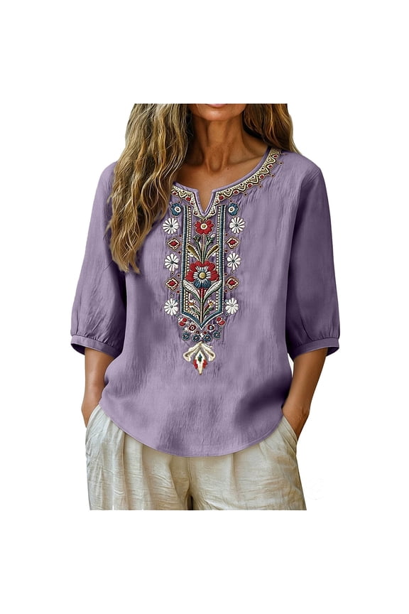 Womens Boho Purple Cotton Linen Blend Blouse Embroidered Floral V-Neck Puffed Short Sleeve Loose Fit Casual Tunic Top,Size 2XL