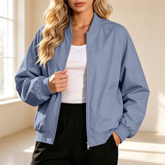 ZunFeo Womens Bomber Jacket Relaxed Fit Nylon Cropped Lightweight Water Resistant Zip Up with Pockets Light Blue,Size XL