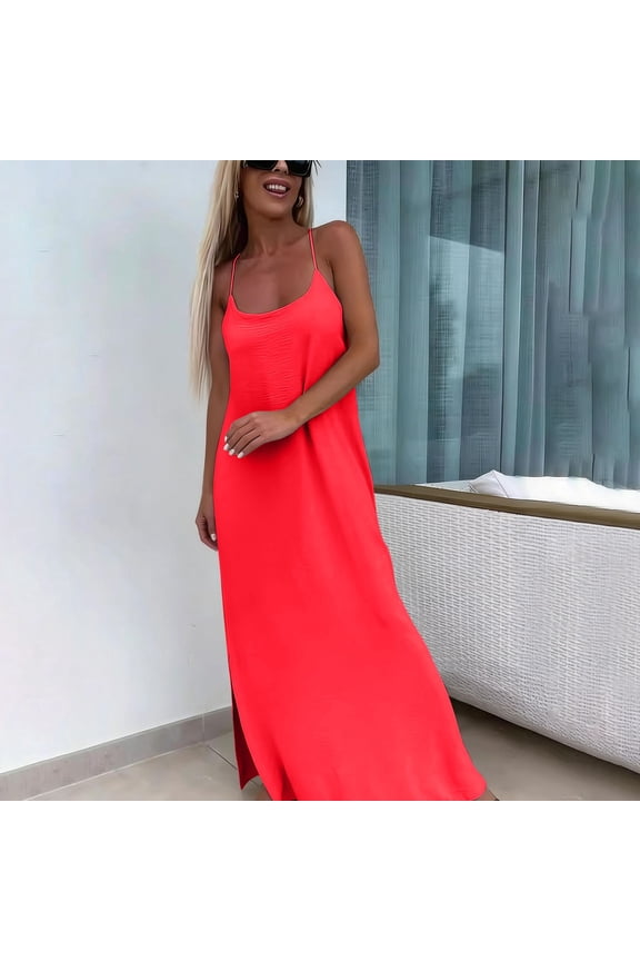 Womens Bright Red Cami Maxi Dress for Summer, Casual Long Spaghetti Strap Beach Cover Up & Relaxed Fit Dress with Side Slit Sizes S-XXL,Size L