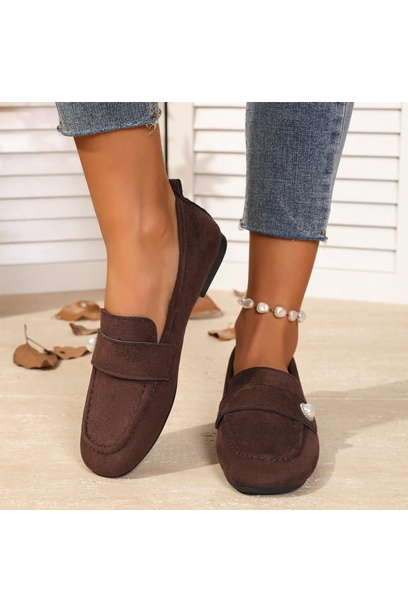 Womens Brown Pearl Loafers Velvet Slip On Flat Shoes, Ballet Flat & Driving Moccasin for Women, Comfort Casual Almond Toe,Size 9