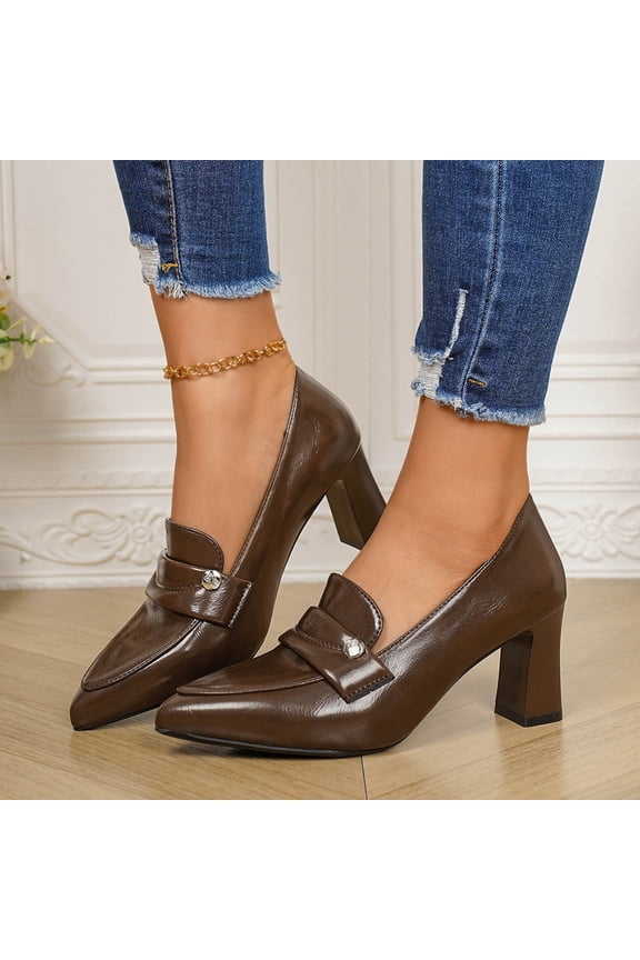 Womens Brown Retro Chunky Heel Loafers - Pointed Toe Buckle Strap Pumps, Comfortable Block Heel Dress Shoes for Work & Casual,Size 7.5
