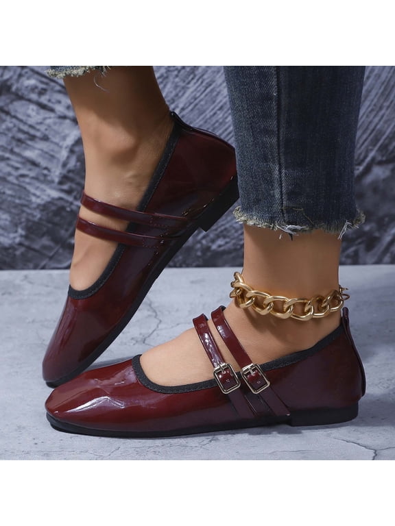 Womens Burgundy Mary Jane Flats, Glossy Patent Faux Leather Double Strap Ballet Flats with Adjustable Buckle, Square Toe Casual Comfort Shoes for Women (Wine),Size 9.5