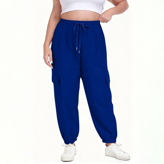 ZunFeo Womens Casual Cargo Joggers Plus Size Pants with Pockets High Waisted Comfy Sweatpants Loose Fit Streetwear Blue Polyester L-5XL,Size 3XL
