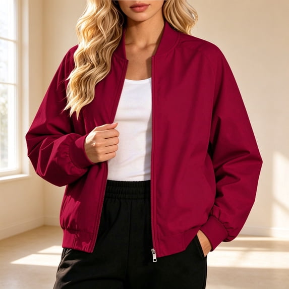 ZunFeo Womens Casual Nylon Bomber Jacket Oversized Cropped Lightweight Windbreaker Zip Up with Pockets Wine,Size 2XL