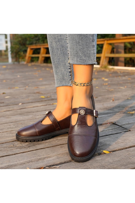 Womens Chunky Mary Jane Shoes Platform T-Strap - Lug Sole Casual Flats, Round Toe Brown Faux Faux Leather Buckle Shoes (5.5-9.5),Size 9.5