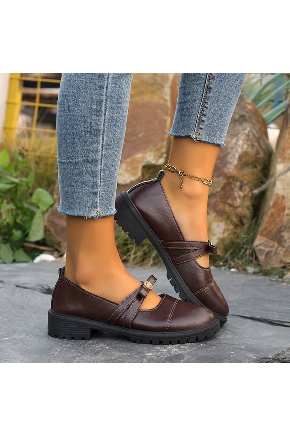Womens Chunky Platform Loafers | Mary Jane Slip On Casual Shoes with Cross Strap, Comfort Round Toe & Non-Slip Sole (Dark Brown, US 7),Size 6