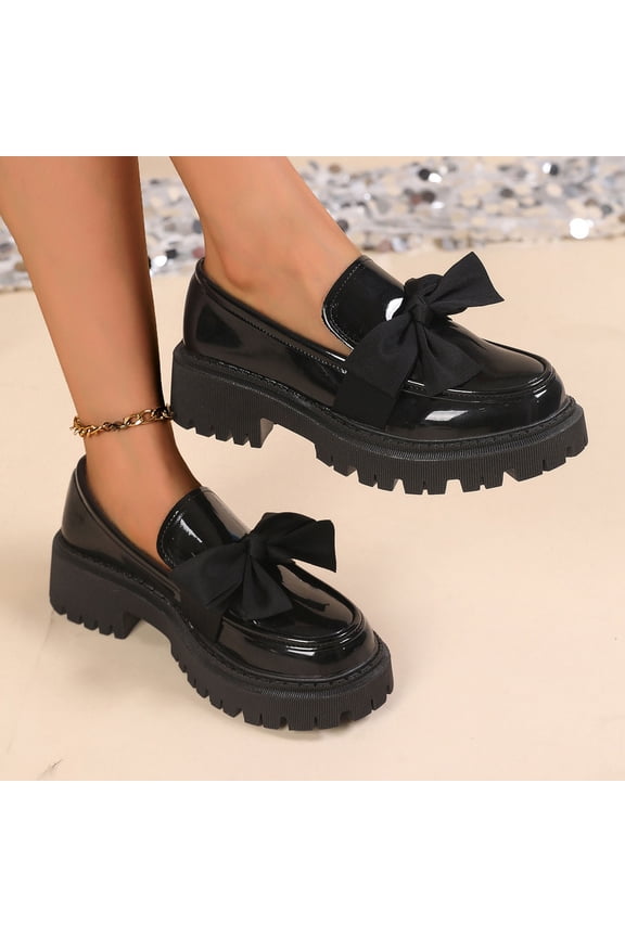 Womens Chunky Platform Loafers Slip On Round Toe Mary Jane Shoes with Removable Bow Patent Faux Leather Black Sizes 5.5-9.5,Size 9