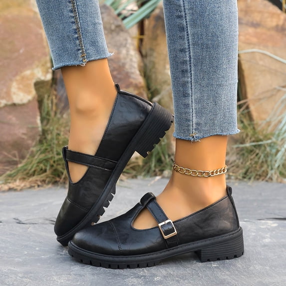 ZunFeo Womens Chunky Platform Loafers T-Strap Mary Jane Shoes with Buckle Closure Casual Non-Slip Round Toe Black US 5.5-9.5,Size 9.5
