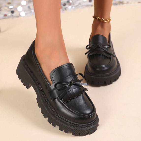 ZunFeo Womens Chunky Platform Loafers with Fringe and Bow, Black Lug Sole Slip-On Comfortable Work Shoes,,Size 9.5