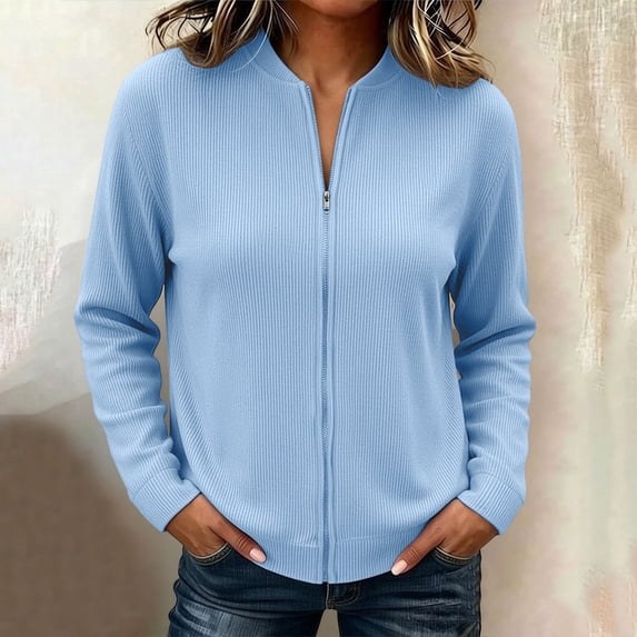 ZunFeo Womens Corduroy Jacket - Stand Collar, Zip Up, Lightweight Relaxed Fit, Blue,Size L