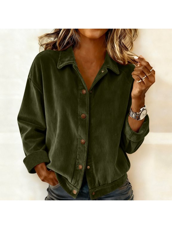 Womens Corduroy Shirt Jacket Oversized Button Down Long Sleeve Shirt - Soft Cotton Blend Fall Winter Layering Top, Army Green,Size 2XL