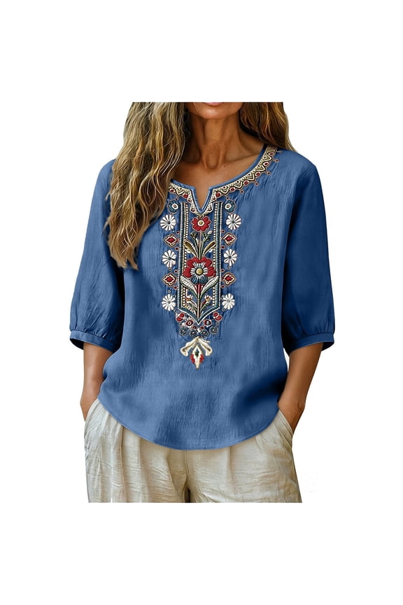 Womens Cotton Linen Blend Blouse Blue Embroidered Floral V-Neck Puffed Short Sleeve Casual Loose Fit Boho Tunic Top,Size L