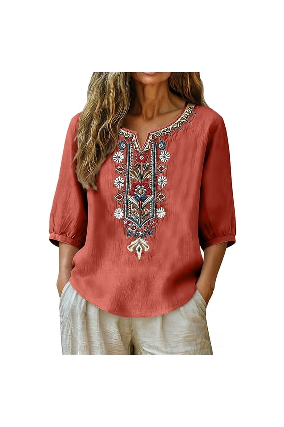 Womens Cotton Linen Blend Blouse Orange Embroidered Floral V-Neck Puffed Short Sleeve Loose Fit Boho Tunic Top,Size 2XL