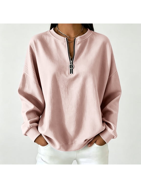 Womens Cotton Oversized Quarter Zip Pullover Relaxed Fit Drop Shoulder Loungewear Pink,Size M