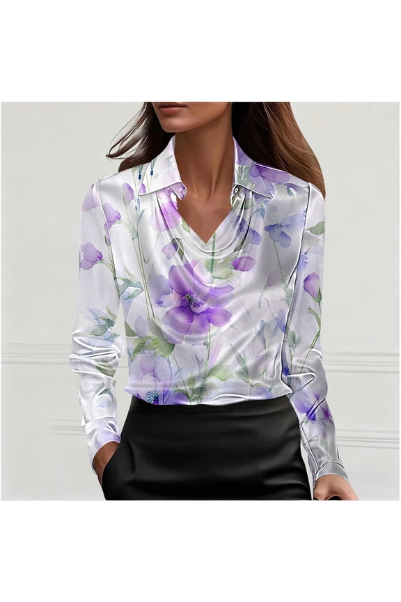 Womens Cowl Neck Blouse Long Sleeve Floral Print Top for Work Silky Soft Wrinkle Free Plus Size S-3X,Size 3XL
