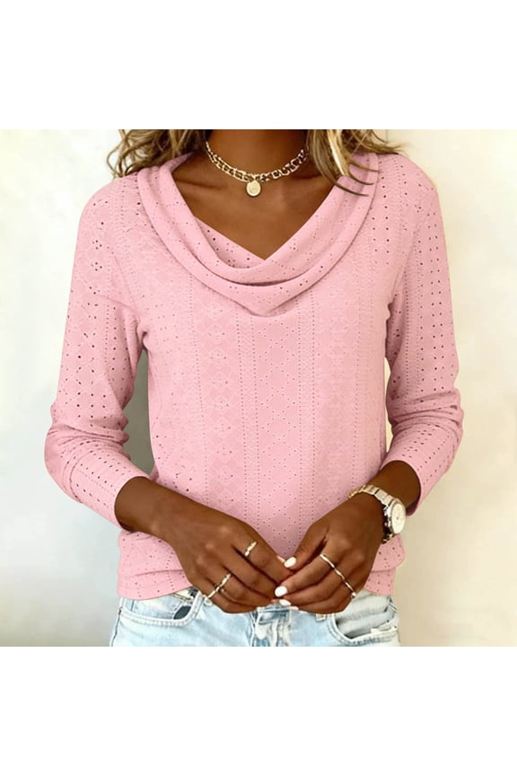 Womens Cowl Neck Long Sleeve Top - Soft Stretchy Perforated Blouse, Light Pink Relaxed Fit Shirt for Casual Everyday Wear,Size 2XL
