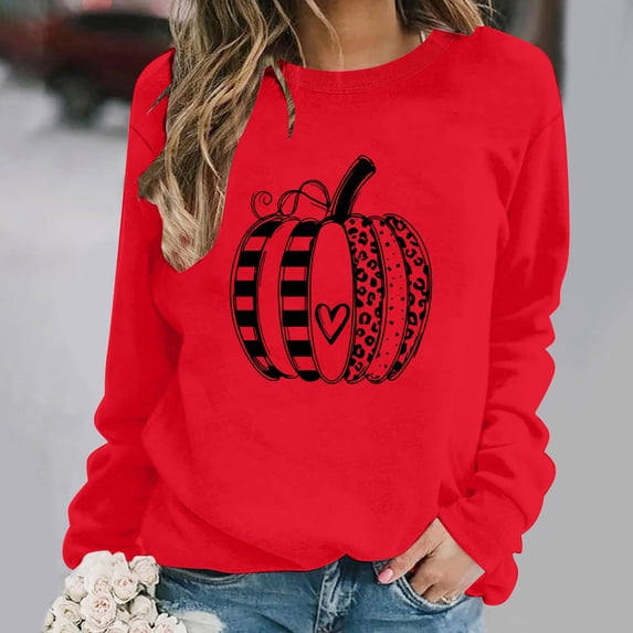 ZunFeo Womens Crew Neck Red Pumpkin Graphic Long Sleeve Pullover Sweatshirt for Fall Hall-oween Thanksgiving,Size S