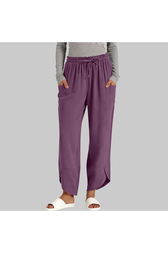Womens Cropped Casual Pants Loose Fit, Ankle Lounge Pants with Elastic Waist & Side Slits - Purple,Size 2XL