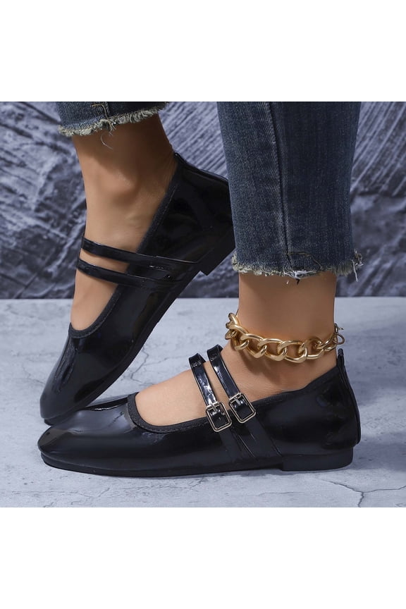 Womens Double Strap Mary Jane Flats, Patent Faux Leather Square Toe Ballet Flats with Buckle, Non-Slip Casual Shoes for Women, Black (5.5-9.5),Size 9