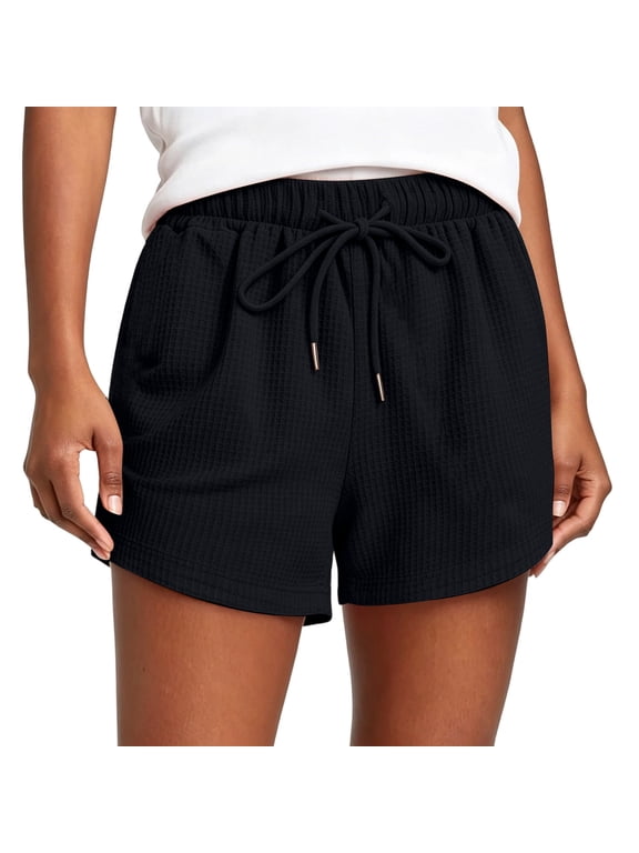 Womens Drawstring Plus Size Waffle Knit Lounge Shorts - High Waist Relaxed Fit Casual Summer Shorts, Black,Size L
