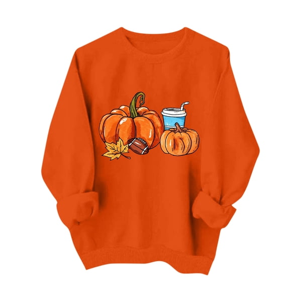 ZunFeo Womens Fall Oversized Crewneck Sweatshirt with Football & Pumpkin Leaf Graphic, Orange,Size XL