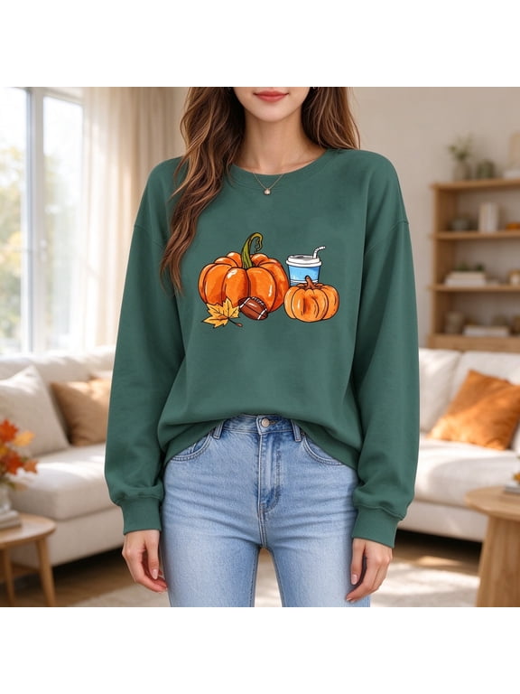 Womens Fall Oversized Crewneck Sweatshirt with Pumpkin, Football & Maple Leaf Graphic, Army Green,Size XS