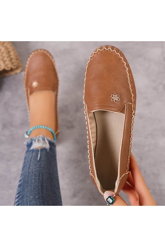 Womens Faux Leather Loafers Slip On, Genuine Faux Leather Soft Sole Driving Moccasins Ballet Flats with Floral Decor for Walking Casual, Brown, US 5-10,Size 9