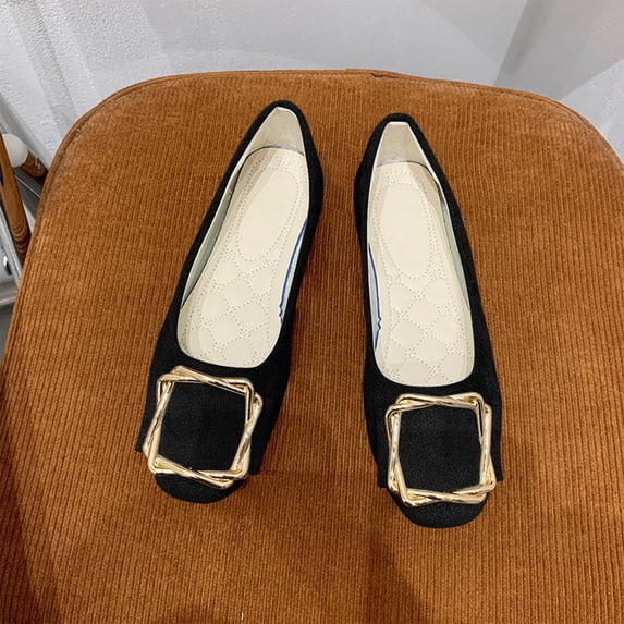 ZunFeo Womens Flats, Black Square Toe Mesh Slip-On Shoes with Gold Buckle, Comfortable & Breathable Ballet Flats for Work or Casual, US Sizes 5.5-9.5,Size 5.5