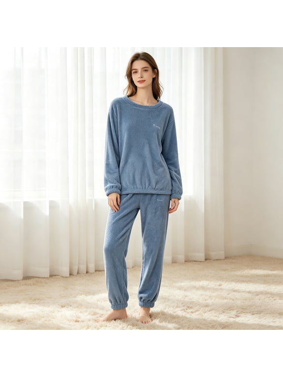 Womens Fleece Pajamas Warm Plush Fleece Fall Winter Sleepwear Thermal Pjs Sets Soft Home 2 Piece Loungewear