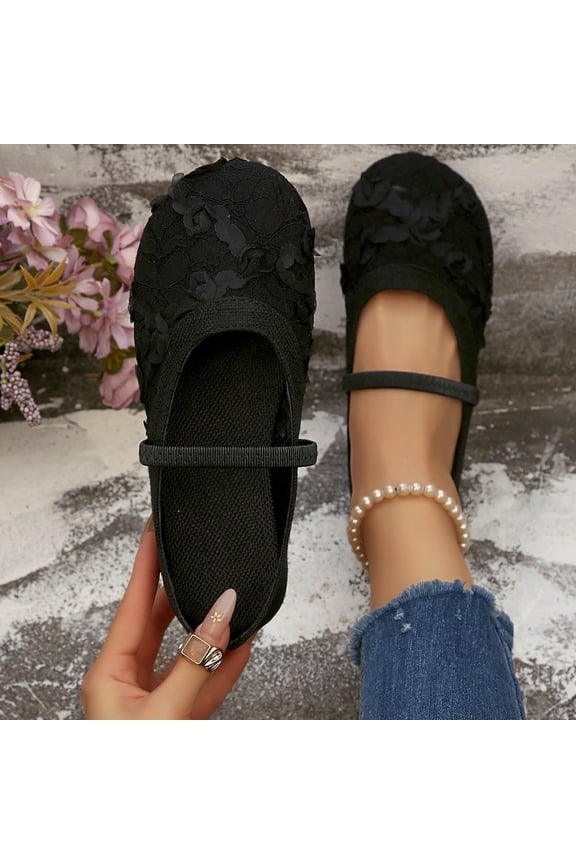 Womens Floral Lace Slip On Mules - Knitted Mary Jane Flats with Elastic Strap, Comfortable Casual Closed Toe Shoes, Black, Sizes 5.5-9.5,Size 7