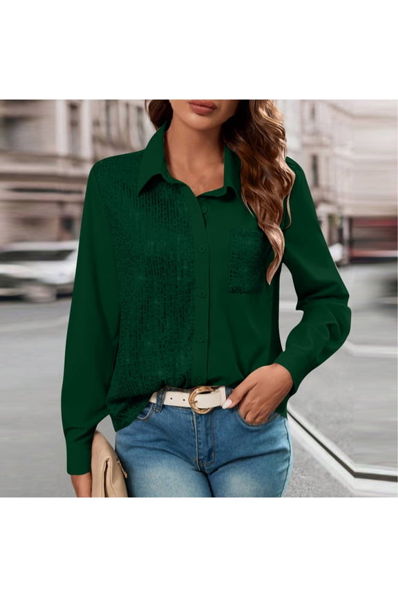 Womens Forest Green Sequin Shirt Sparkle Top Long Sleeve Casual Party Blouse Button Down with Sequin Panel Relaxed Fit,Size 2XL