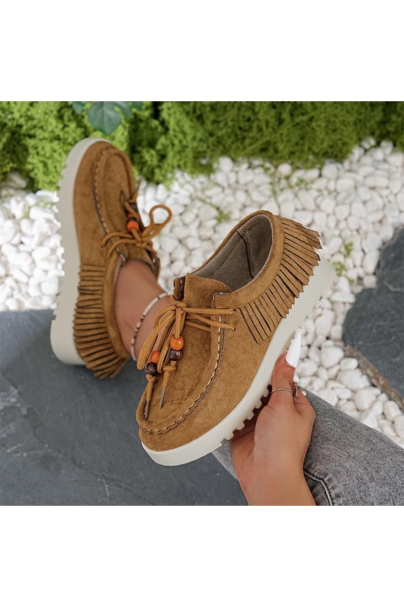 Womens Fringe Loafer | Boho Platform Moccasins | Slip On Casual Walking Shoes with Beaded Tassel Round Toe for Women Yellow,Size 9.5