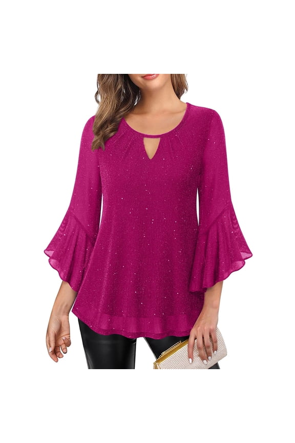 Womens Glitter Tunic Top | Hot Pink Sparkly Blouse with Bell Sleeves | Party & Casual Shirt with Keyhole Neckline for Women,Size L