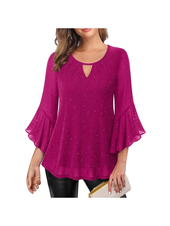 Womens Glitter Tunic Top | Hot Pink Sparkly Blouse with Bell Sleeves | Party & Casual Shirt with Keyhole Neckline for Women,Size M