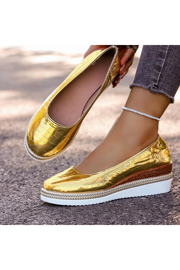 Womens Gold Metallic Crocodile-Embossed Platform Loafers - Slip On Chunky Wedge Shoes Comfort Casual, US Sizes 5.5-9,Size 7.5