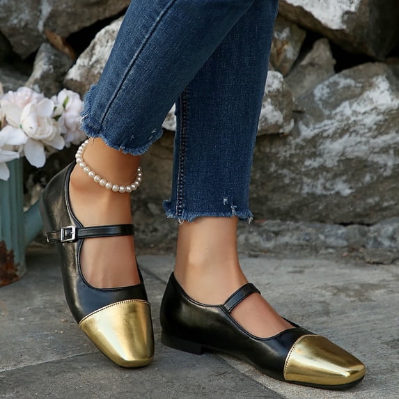 ZunFeo Womens Gold Toe Mary Jane Flats Square Toe Color Block Casual Flats with Adjustable Buckle Strap US Size 5.5-9,Size 5.5