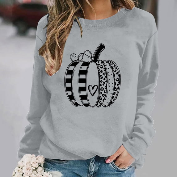 ZunFeo Womens Gray Crew Neck Pumpkin Graphic Sweatshirt Long Sleeve Fall Pullover for Hall-oween Thanksgiving,Size M