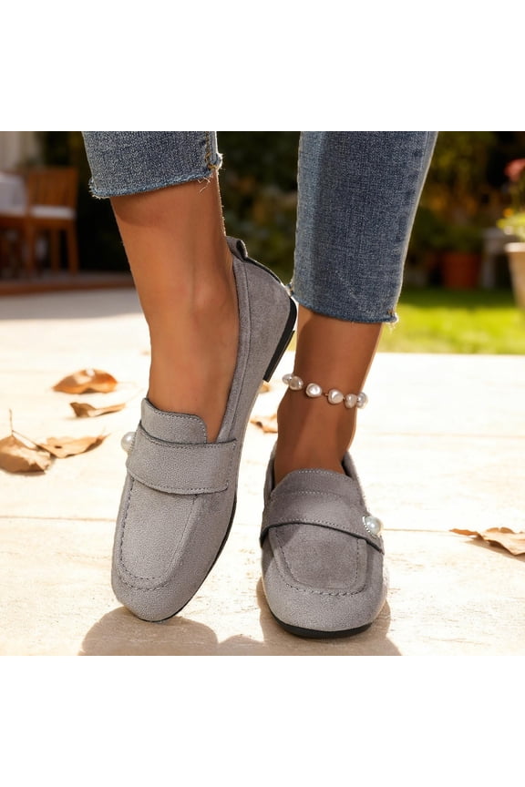 Womens Gray Velvet Loafers Slip On Flat Shoes with Pearl, Almond Toe Comfort Driving Moccasins for Casual & Work,Size 9