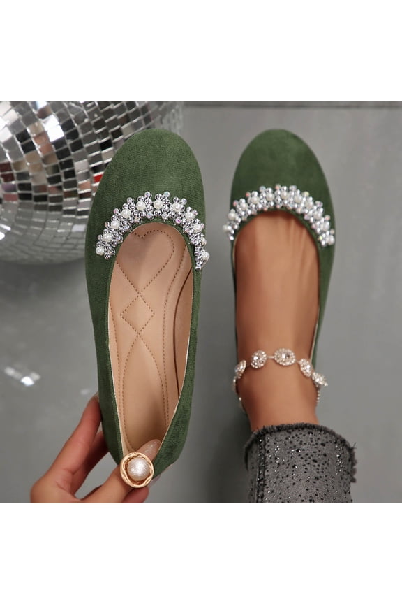 Womens Green Sparkly Ballet Flats | Rhinestone & Pearl Toe | Comfortable Slip-On Shoes for Wedding, Work, Party | Sizes 5.5-9.5,Size 6.5