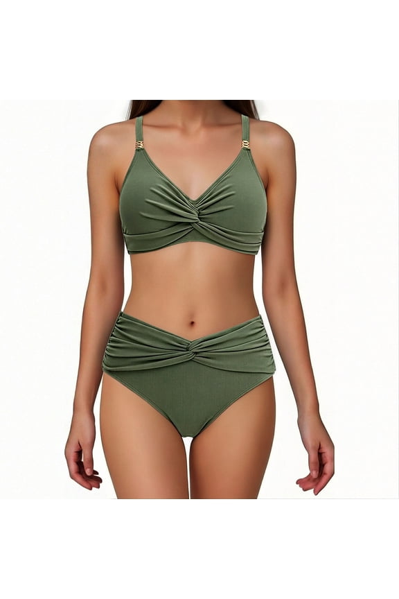 Womens High Waisted Bikini, Tummy Control Two Piece Swimsuits Army Green, Retro Slimming Bathing Suits,Size M