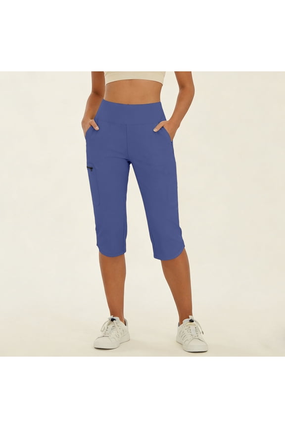 Womens High Waisted Capri Pants with Pockets Quick Dry Stretch Hiking Yoga Travel Blue,Size XL